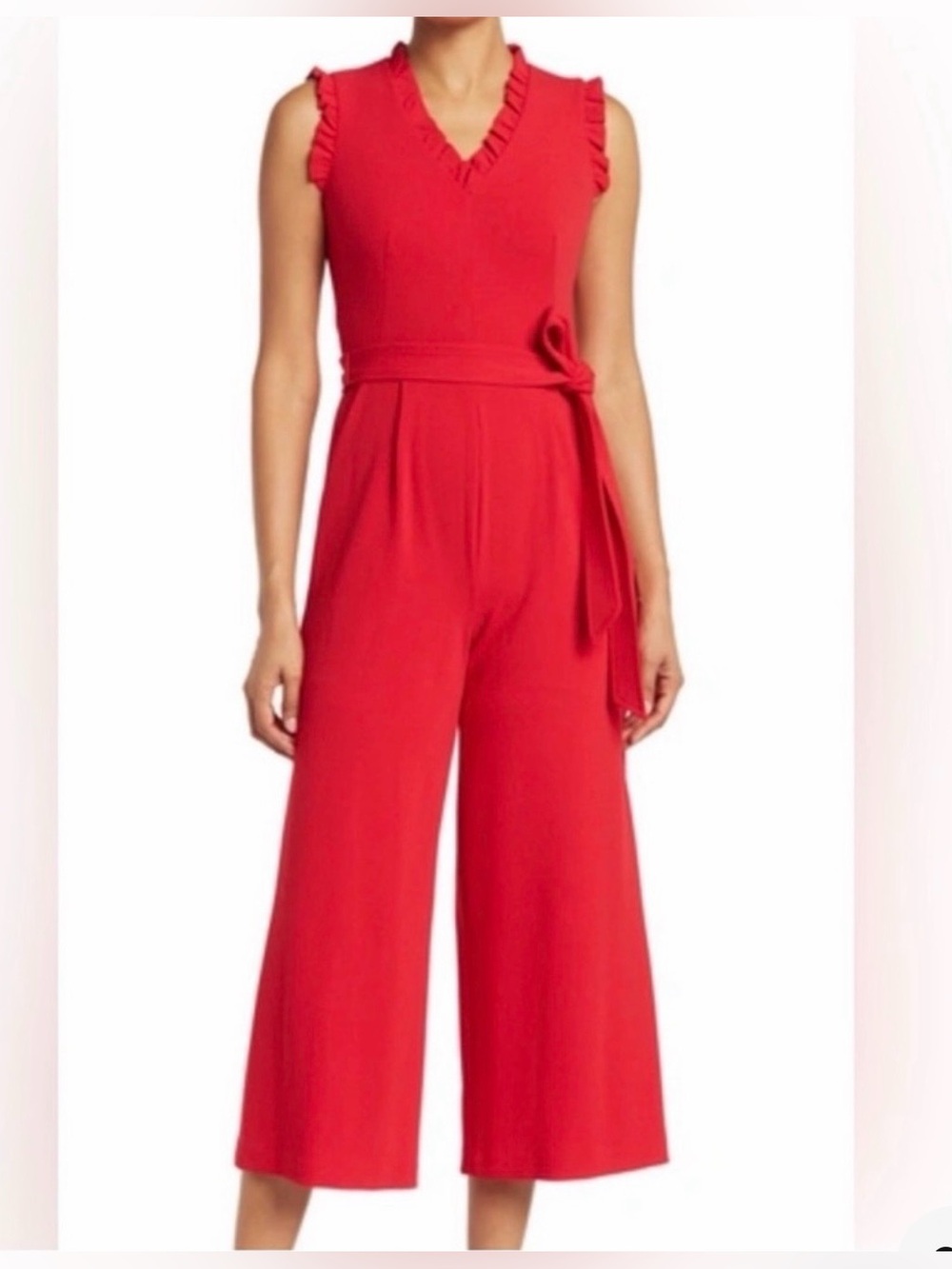 Calvin Klein Bright Red Sleeveless Ruffle V-Neck Tie-Waist Jumpsuit